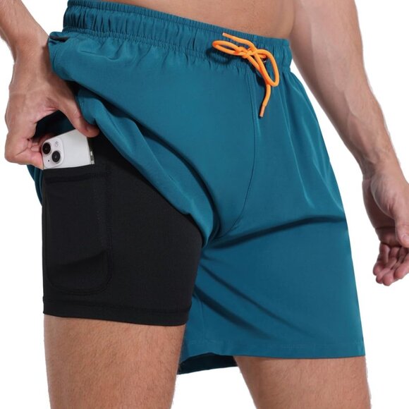 Mens Swim Trunks with Compression Liner Quick Dry Beach Shorts with Zipper Pocke